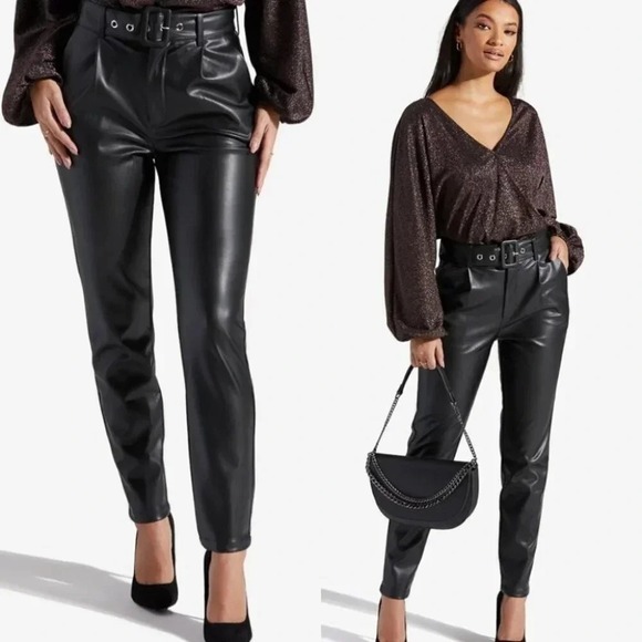 Shoe Dazzle Pants - ShoeDazzle Pants 6 8 Medium High Rise Black Faux‎ Leather Slim Stretchy Moto
